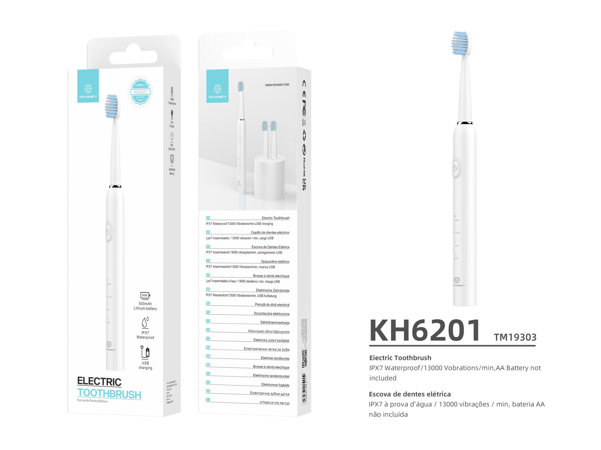 Techancy Escova De Dentes Eléctrica Branca KH6201, À Prova De Água IPX7, Cabeça De Escova Substituív