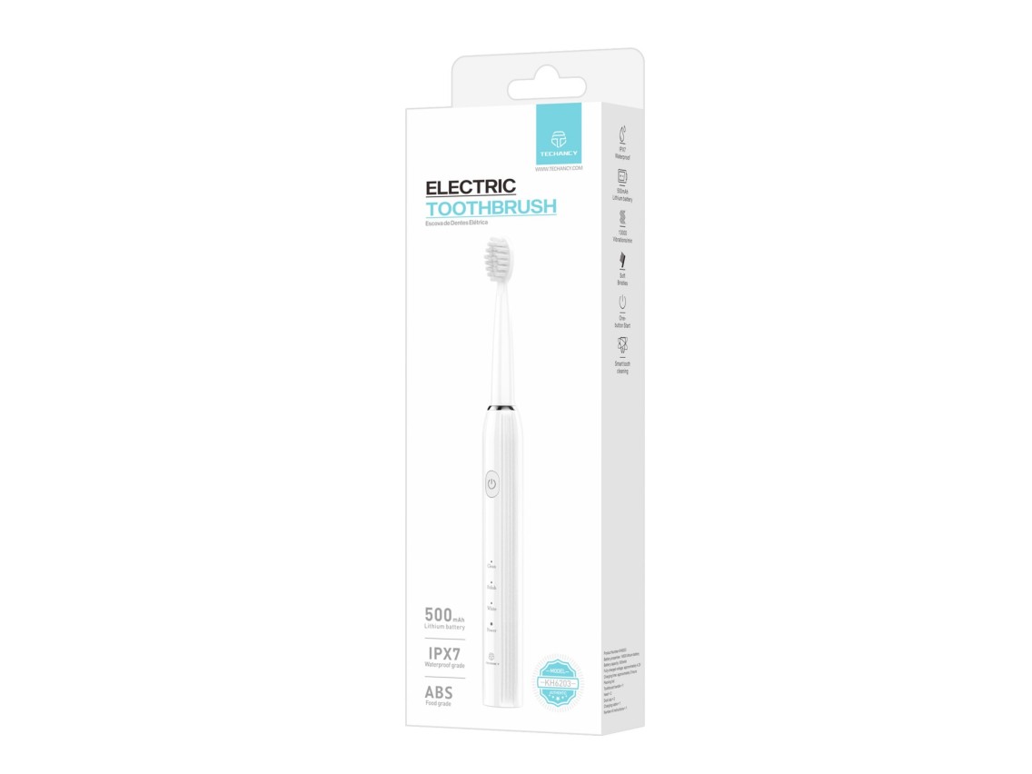 Techancy KH6203 White Electric Toothbrush, IPX7 Waterproof, Replaceable Brush Head, Rechargeable Bat