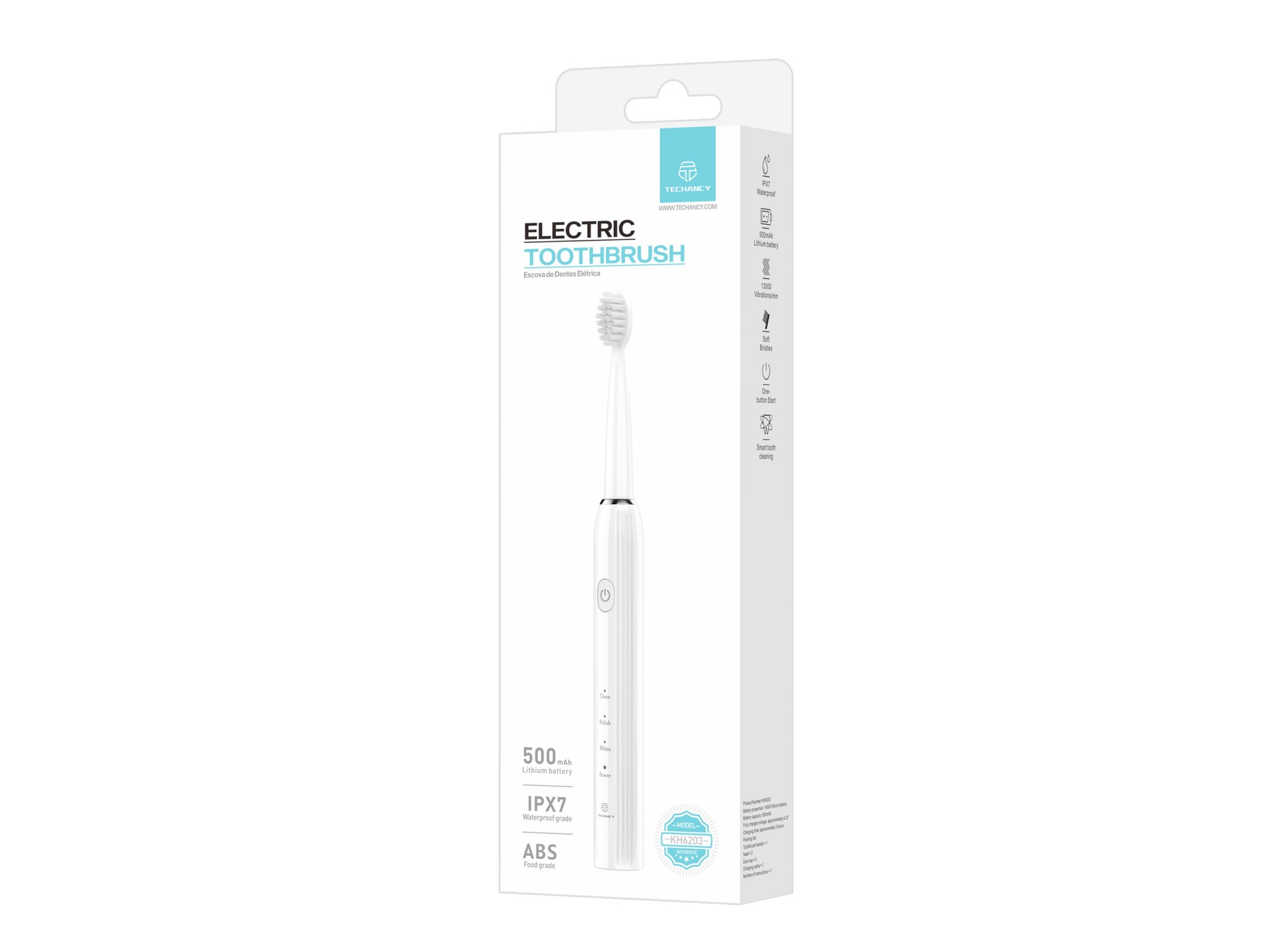 Techancy Escova De Dentes Eléctrica Branca KH6203, À Prova De Água IPX7, Cabeça De Escova Substituív