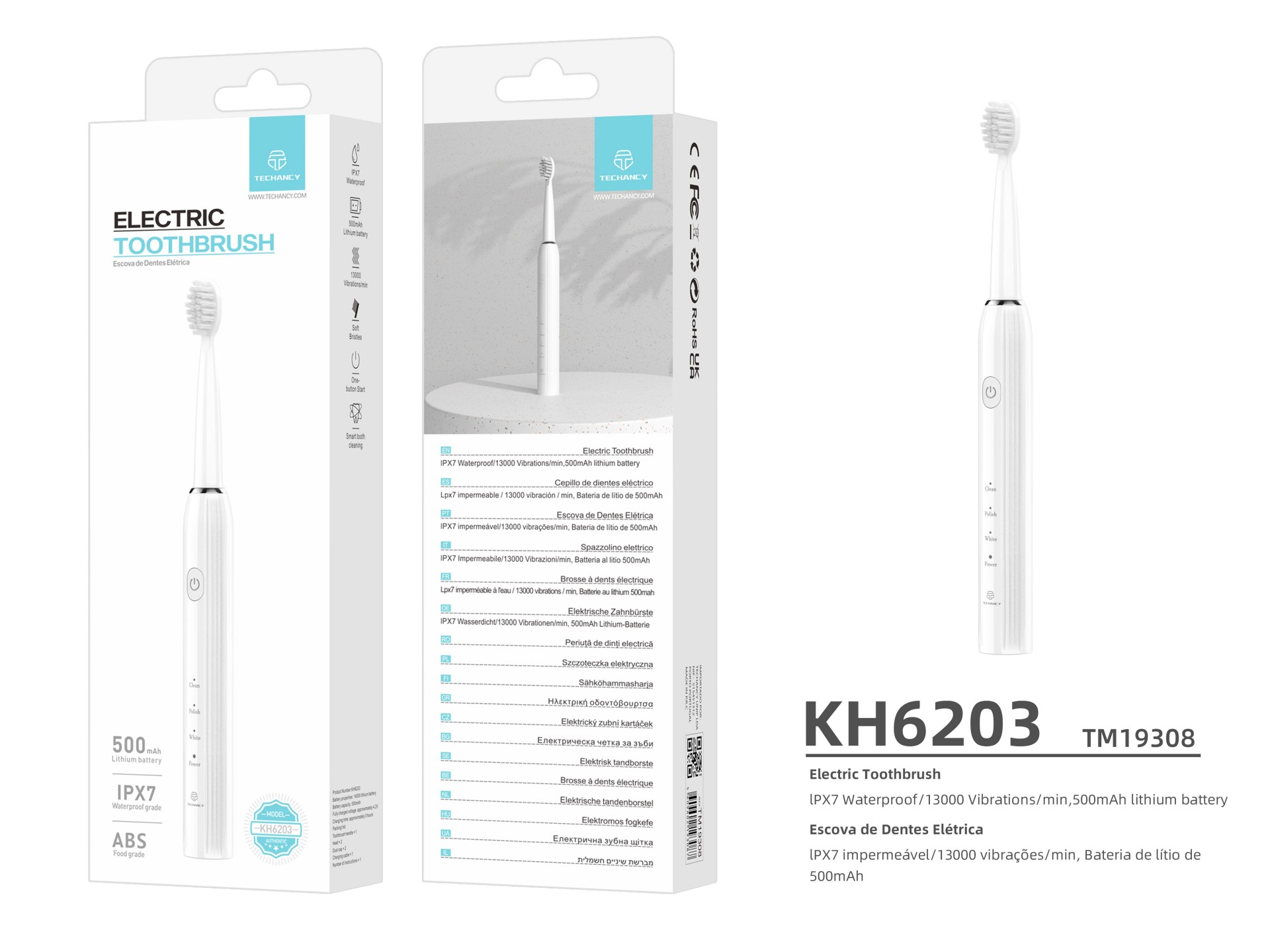 Techancy Escova De Dentes Eléctrica Branca KH6203, À Prova De Água IPX7, Cabeça De Escova Substituív