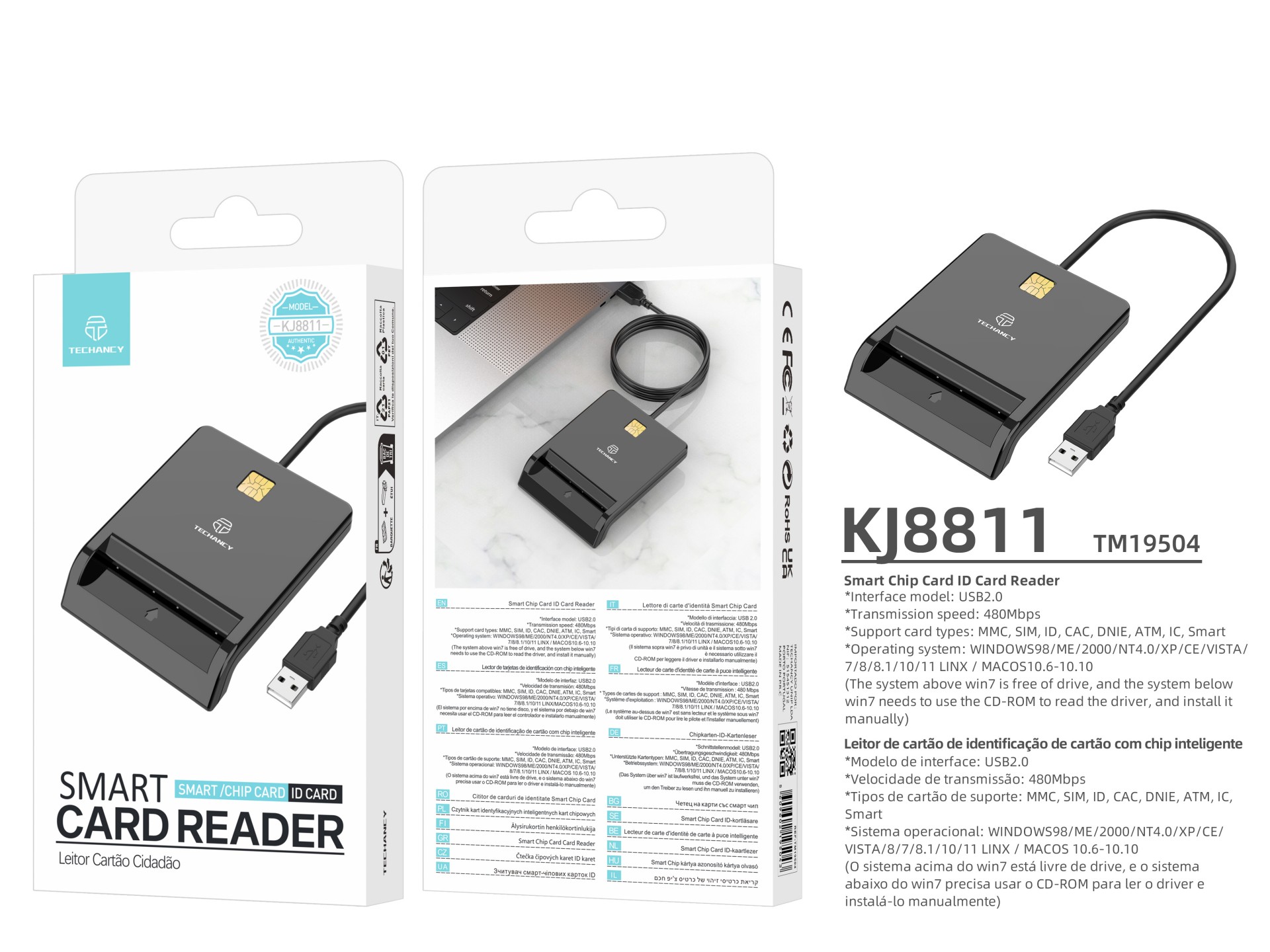 Lector de chip inteligente Techancy KJ8811, USB 2.0, 480 Mbps, compatible con una amplia gama de tar