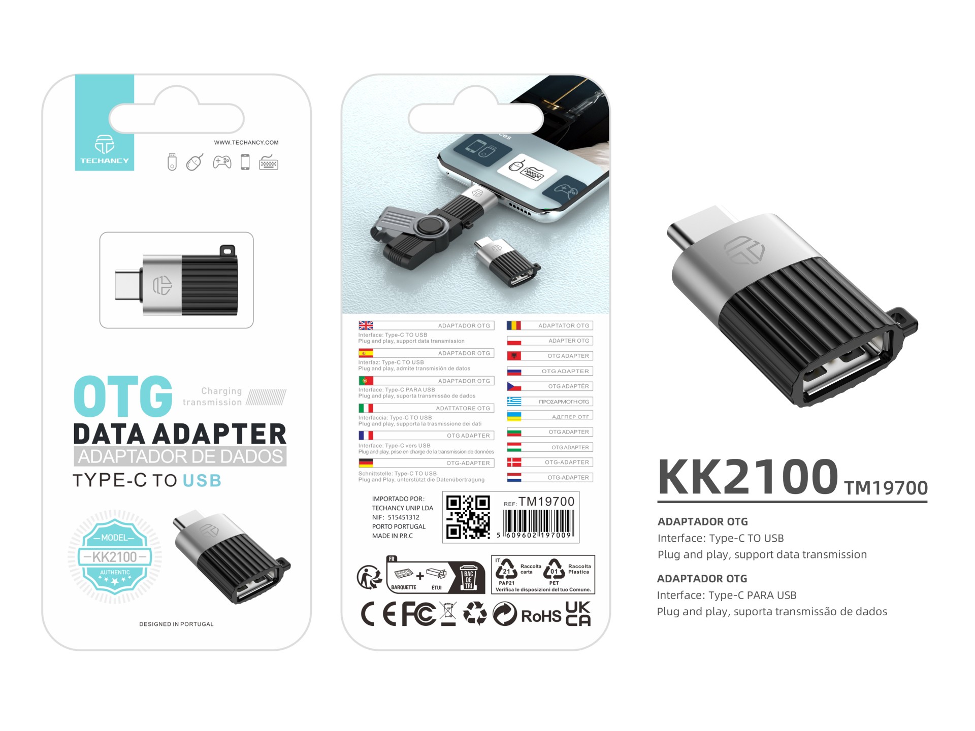 Adaptador OTG Techancy KK2100, Tipo C a USB 3.0, compatible con carga y transferencia de datos, comp