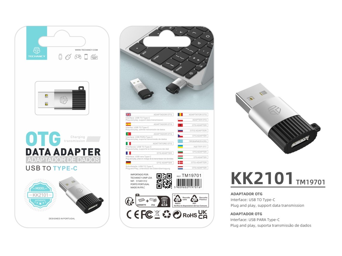 Adaptador OTG Techancy KK2101, USB a tipo C, compatible con carga y transferencia de datos, compacto