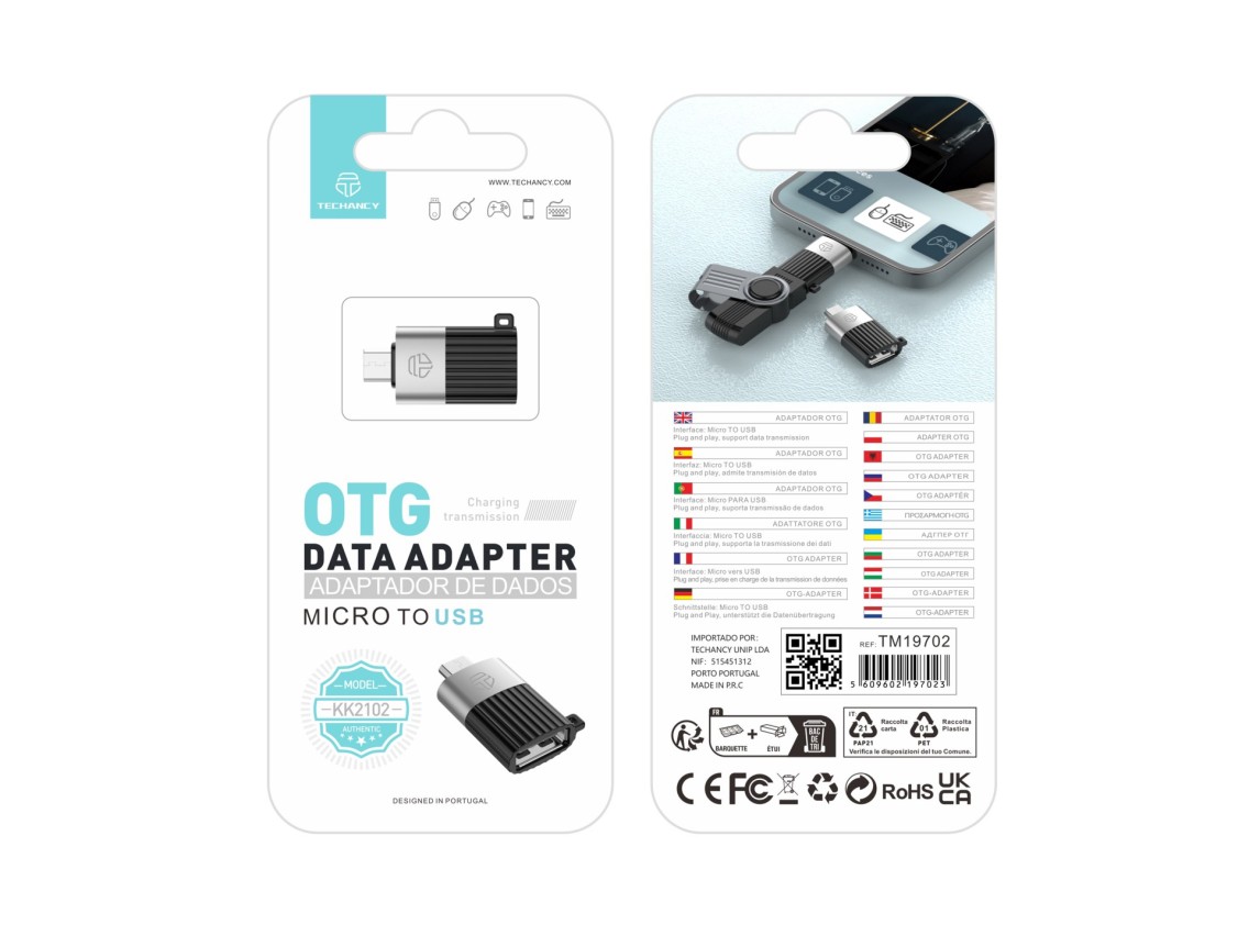 Techancy OTG Adapter KK2102, Micro to USB, Supports Charging and Data Transfer, Compact and Portable