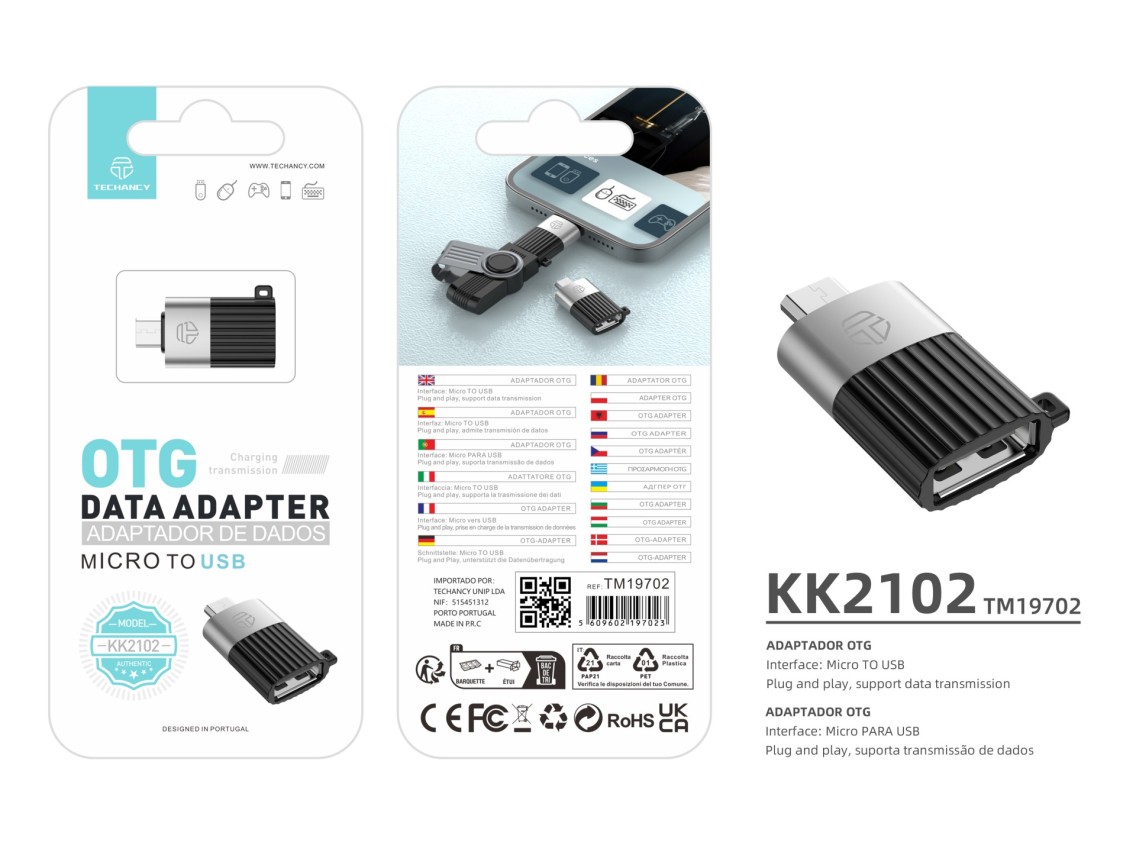 Techancy OTG Adapter KK2102, Micro to USB, Supports Charging and Data Transfer, Compact and Portable