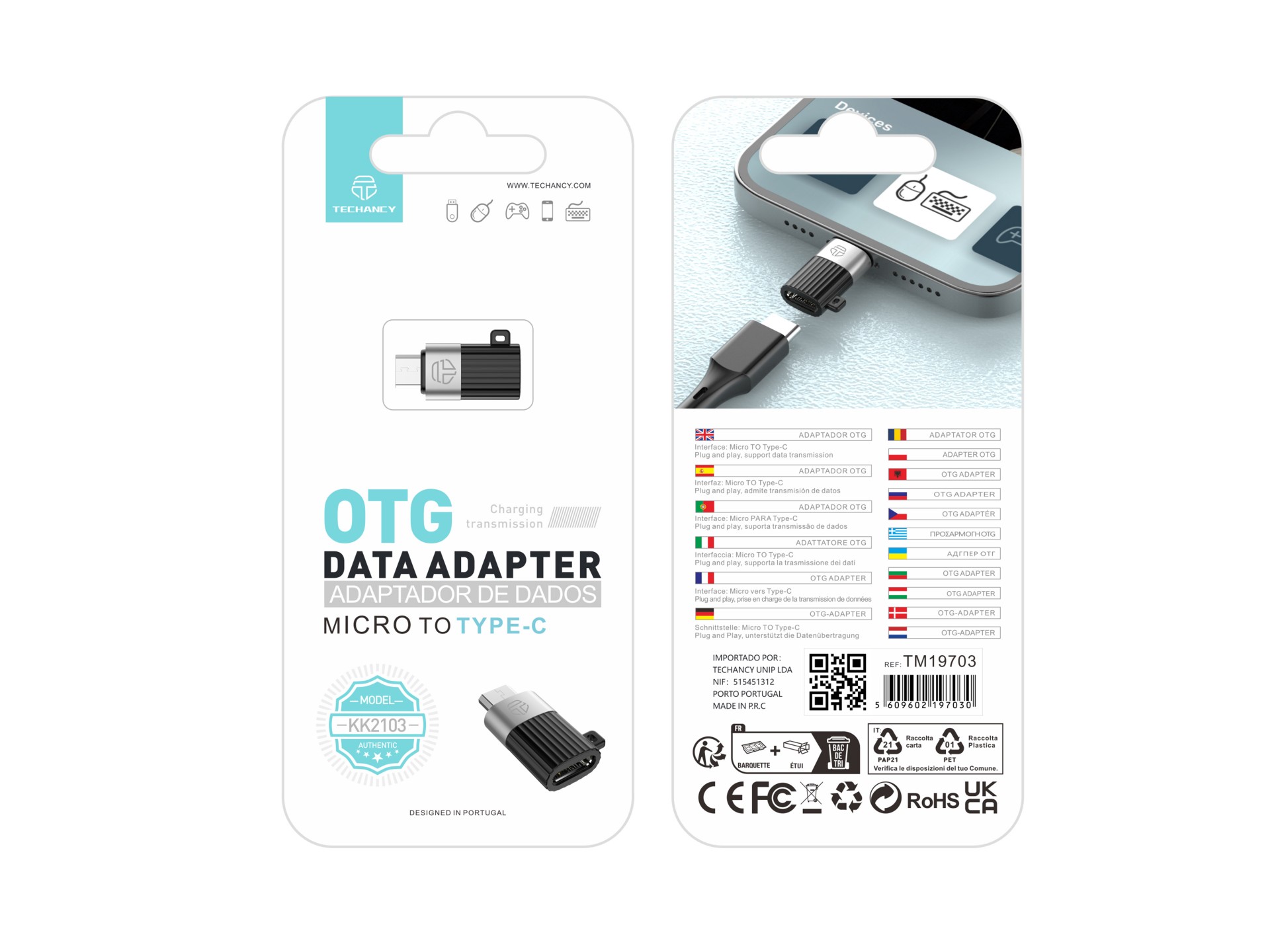 Techancy OTG Adapter KK2103, MICRO to Type-C, Supports Charging and Data Transfer, Compact and Porta