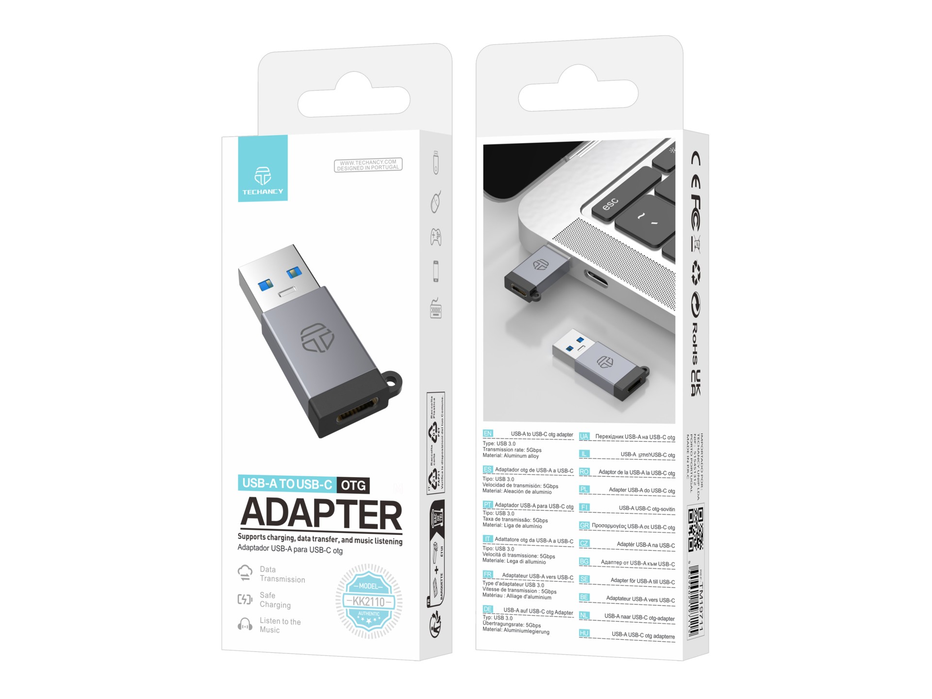 Techancy Adaptador USB-A para USB-C OTG KK2110 , liga de alumínio, suporte transferência de dados, c