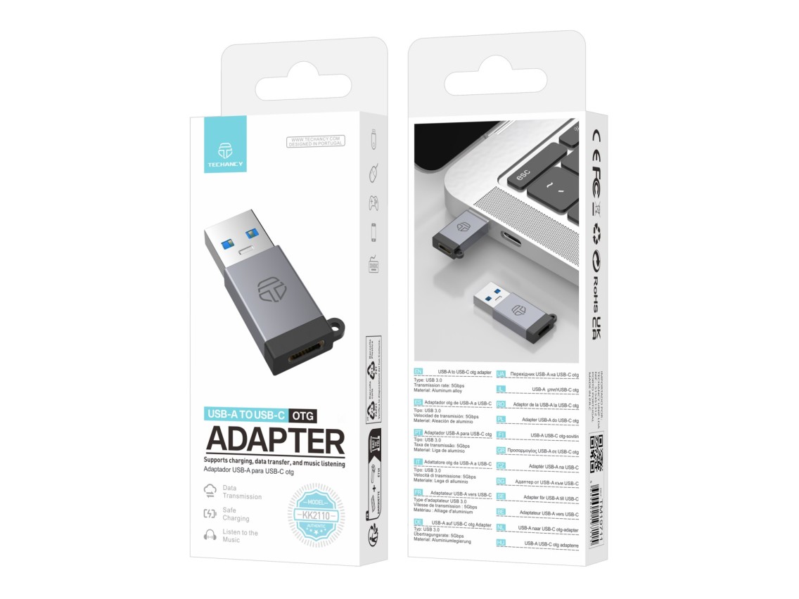 Techancy Adaptador USB-A para USB-C OTG KK2110 , liga de alumínio, suporte transferência de dados, c