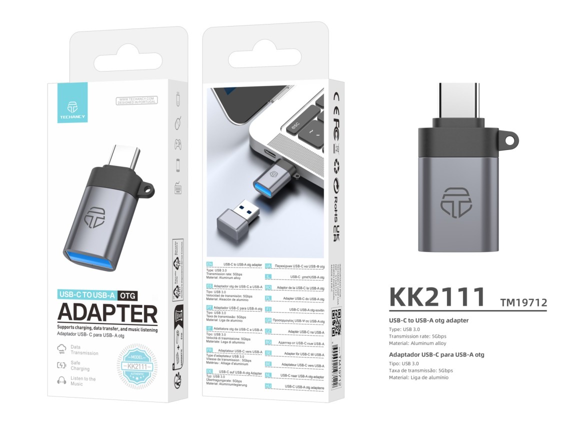 Techancy Adaptador USB-C para USB-A OTG KK2111, Alta Velocidade de Transferência, Carregamento Segu