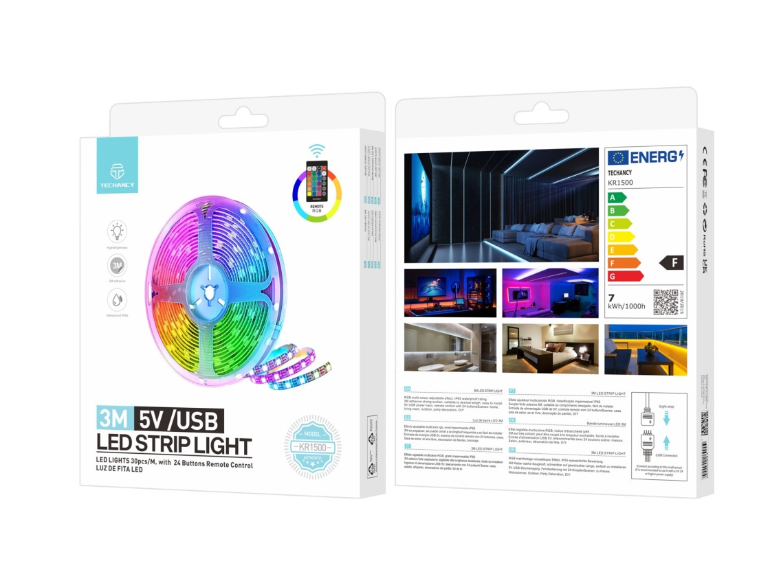 Techancy Fita Led 3m KR1500, Fonte De Alimentação 5v/Usb Com Controlo Sem Fios, Efeito Multicolor Rg