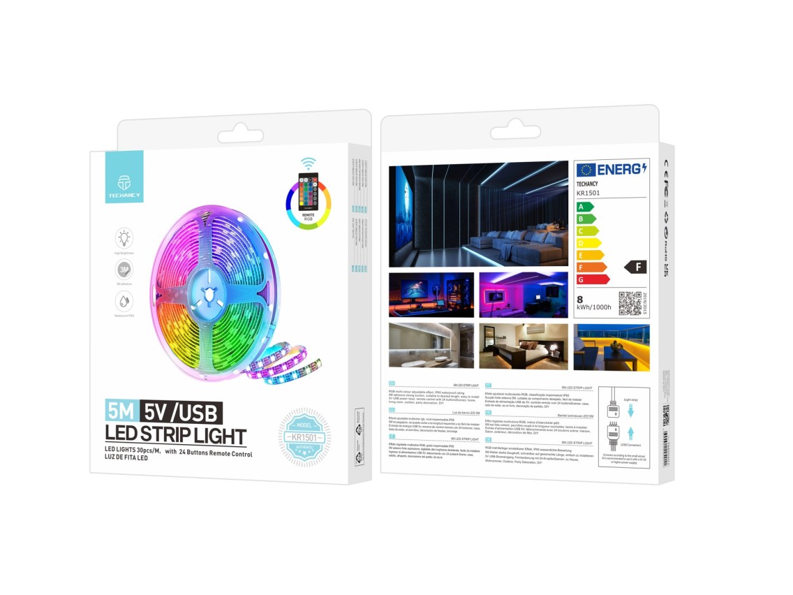 Techancy Fita Led 5m KR1501, Fonte De Alimentação 5v/Usb Com Controlo Sem Fios, Efeito Multicolor Rg