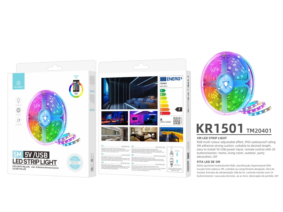 Techancy Fita Led 5m KR1501, Fonte De Alimentação 5v/Usb Com Controlo Sem Fios, Efeito Multicolor Rg