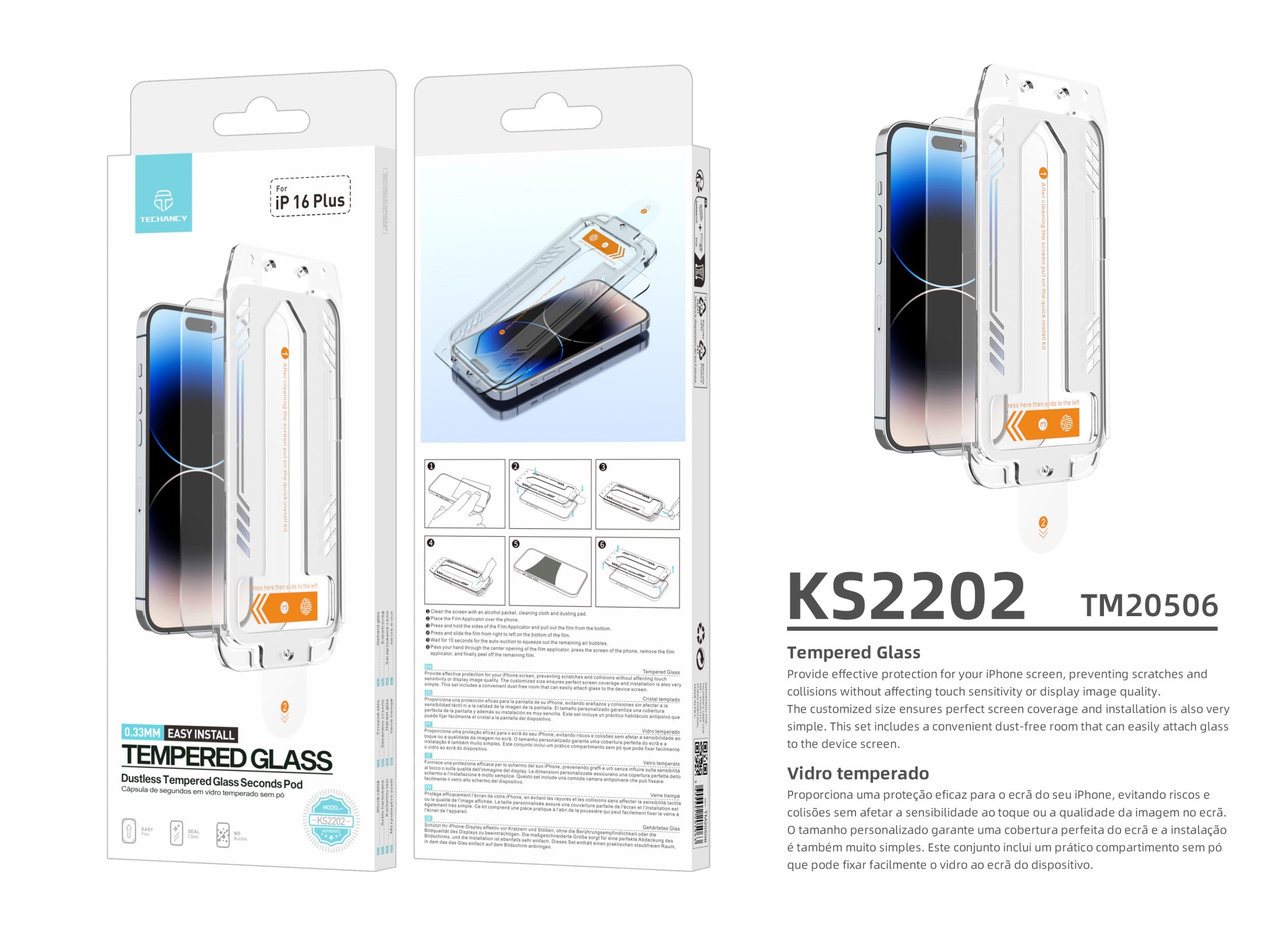 Protector de pantalla de vidrio templado Techancy KS2202, compatible con iPhone 16 Plus, incluye caj