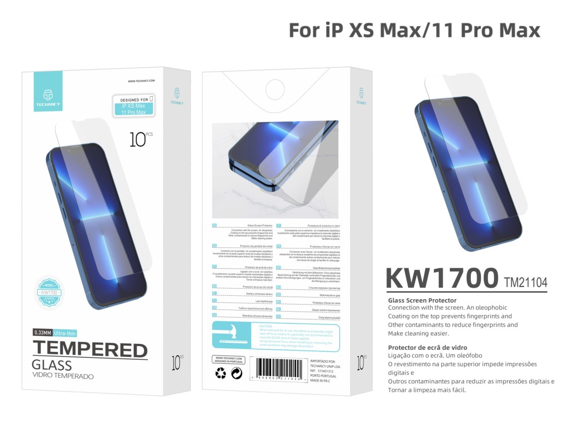 Techancy Película de Vidro Temperado para iPhone Xs Max/11 Pro Max KW1700 , 0.33MM, Anti-riscos, Al