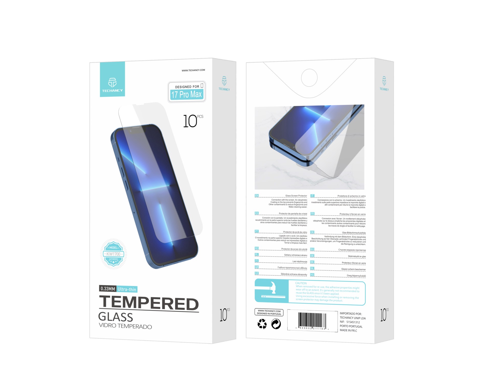 Protector de pantalla de vidrio templado Techancy para iPhone 17 Pro Max KW1700, 0,33 mm, ultrafino,
