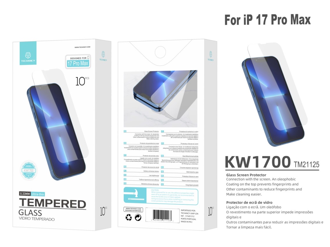 Techancy Tempered Glass Screen Protector for iPhone 17 Pro Max KW1700, 0.33MM Ultra Thin, Anti-Finge