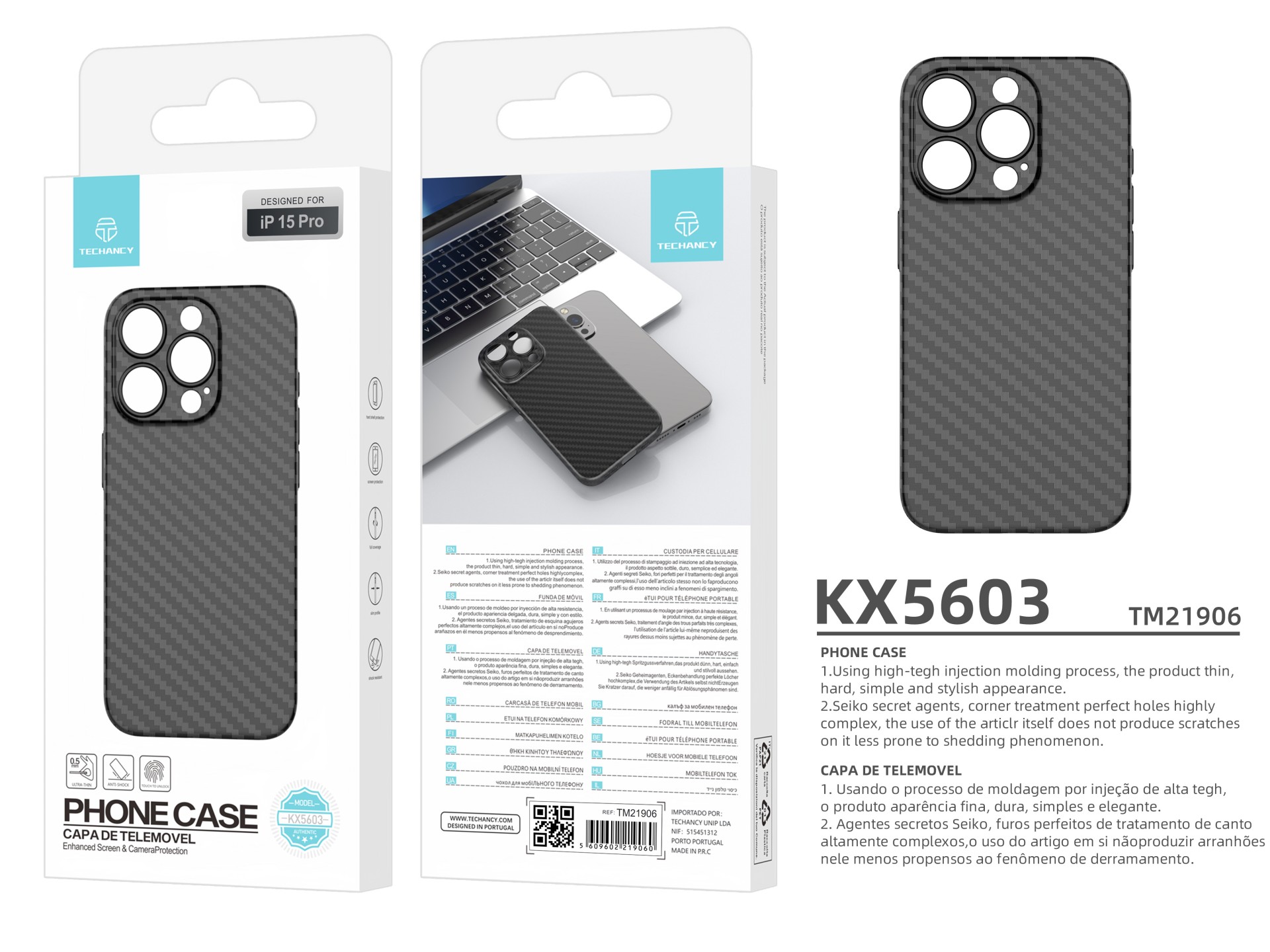 Techancy Capa Para Telemóvel Ultra Fina Em Fibra De Carbono KX5603, Compatível Com Iphone 15 Pro, Ma