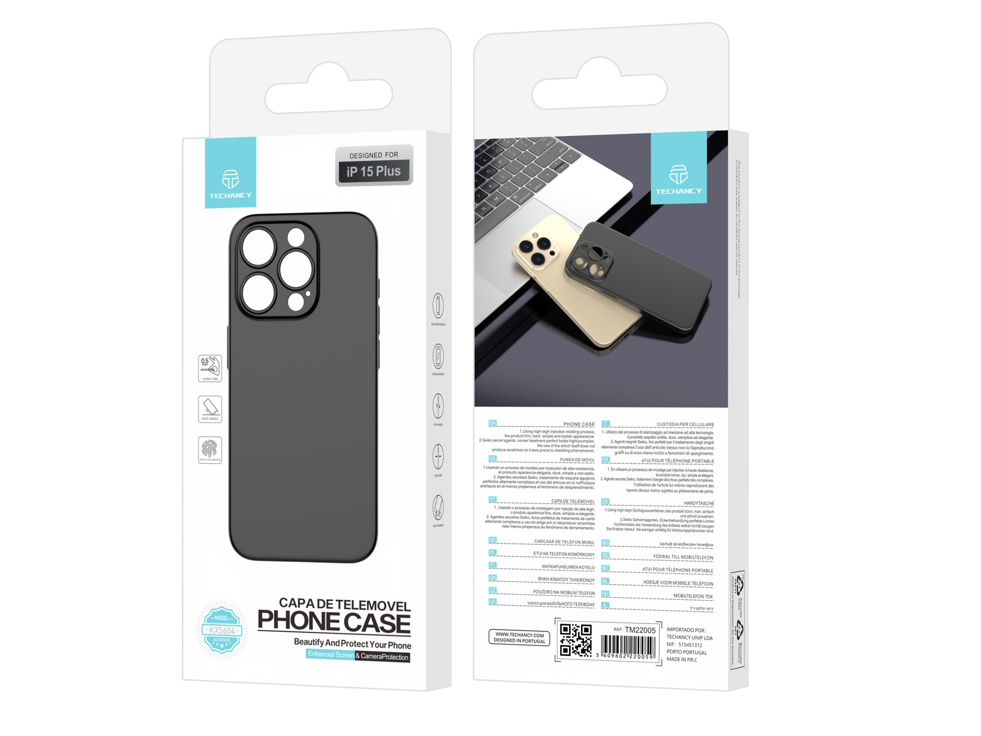 Techancy Capa Para Telemóvel Ultra Fina Preta KX5604, Compatível Com O Telemóvel Iphone 15 Plus, Mat