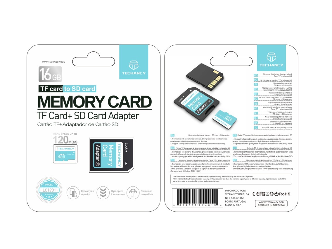 Techancy Cartão De Memória Micro Sd De Alta Velocidade LC1901,16GB Com Adaptador, Compatível Com Tel