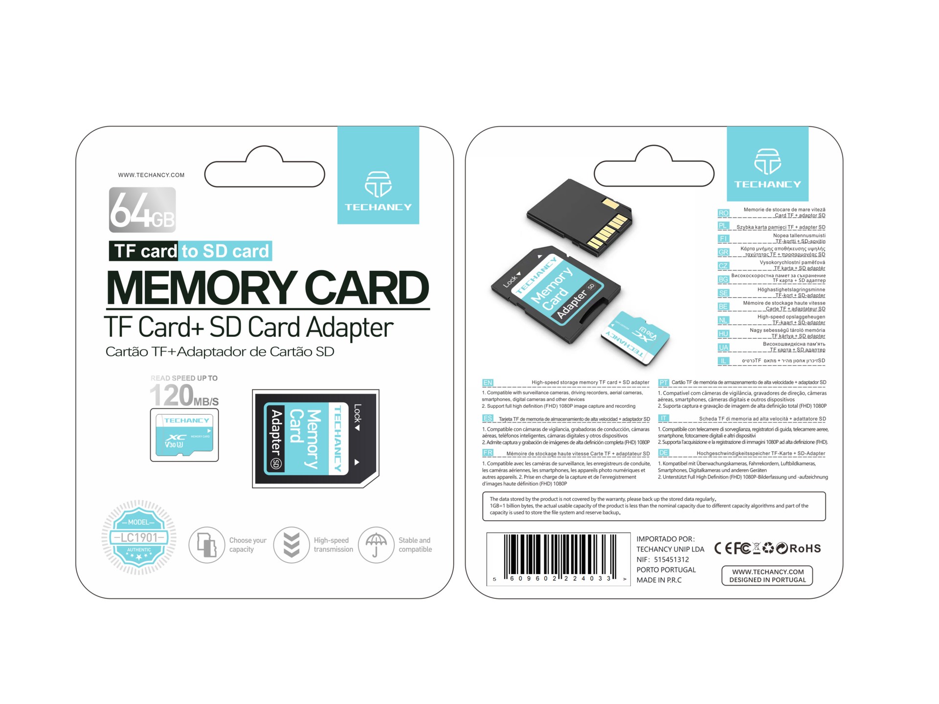 Techancy High Speed Micro SD Memory Card LC1901, 64GB With Adapter, Compatible With Cell Phones, Mp3