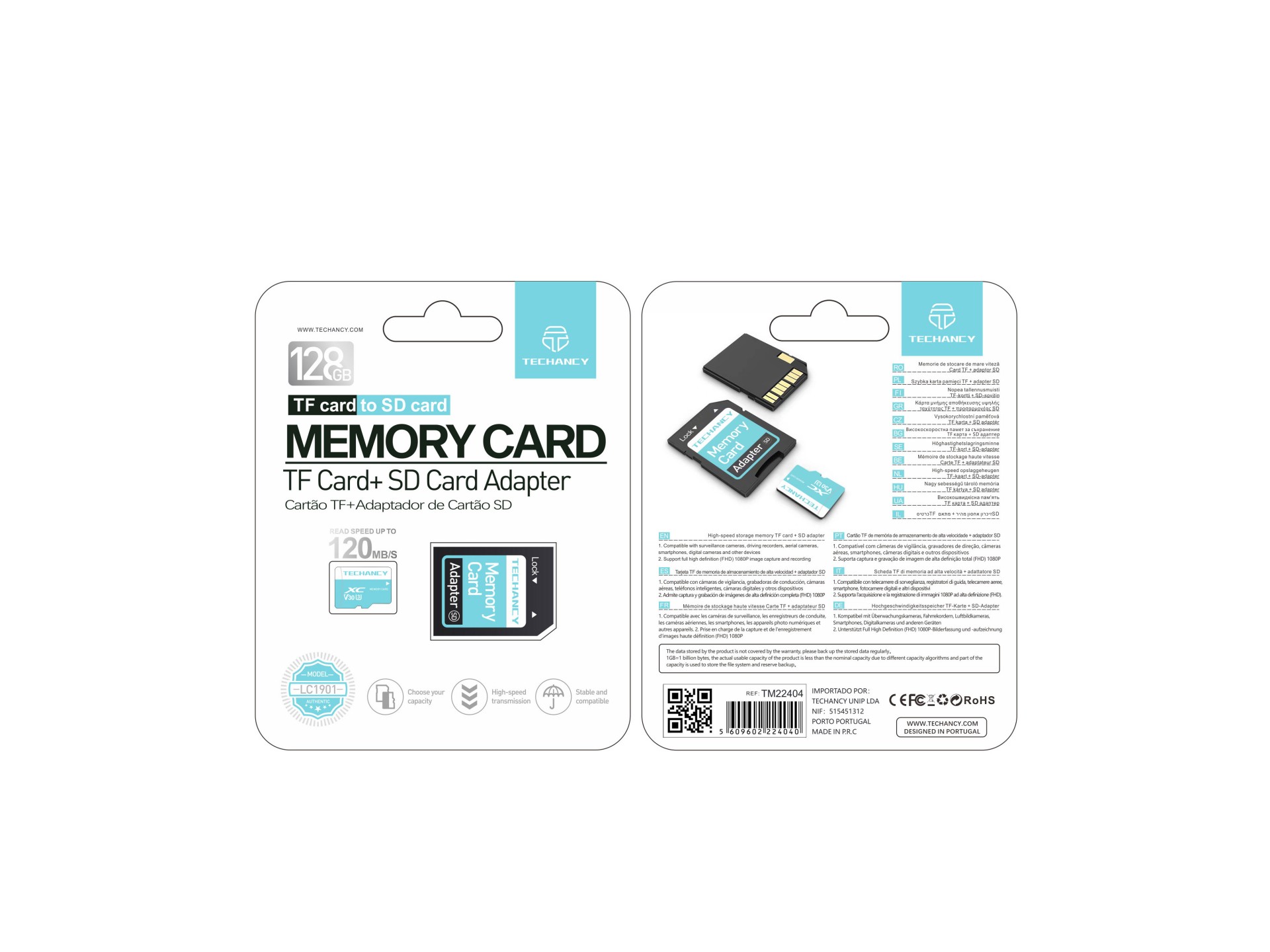 Techancy Cartão De Memória Micro Sd De Alta Velocidade LC1901,128GB Com Adaptador, Compatível Com Te