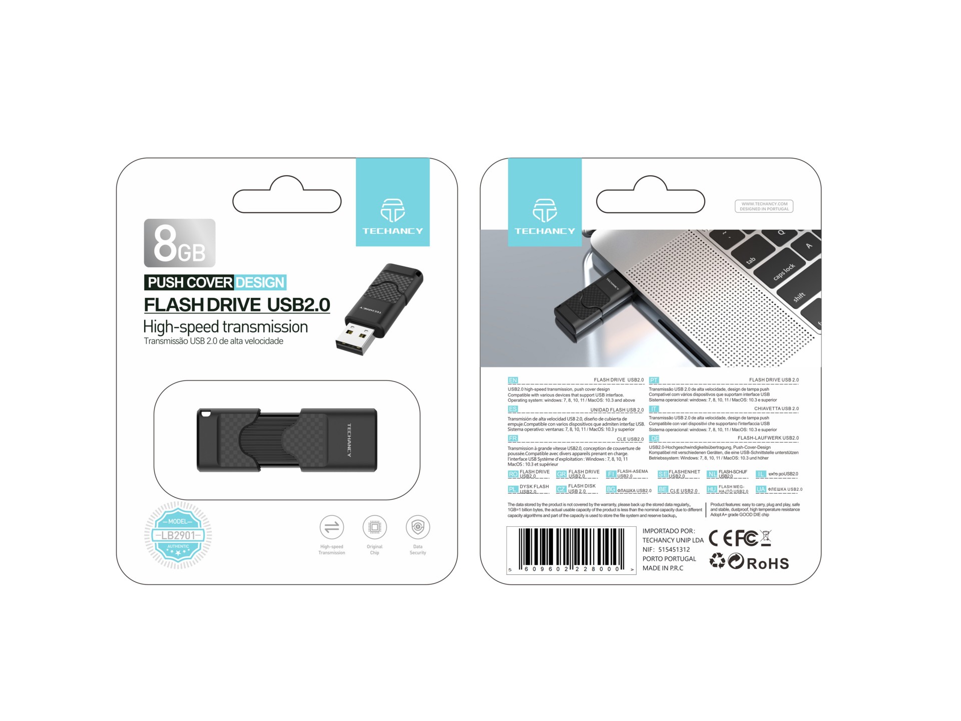 Techancy USB Flash Drive 8GB Preto LB2901, Usb 2.0, Compatível com PC/Mobile/Mac, Armazenamento segu