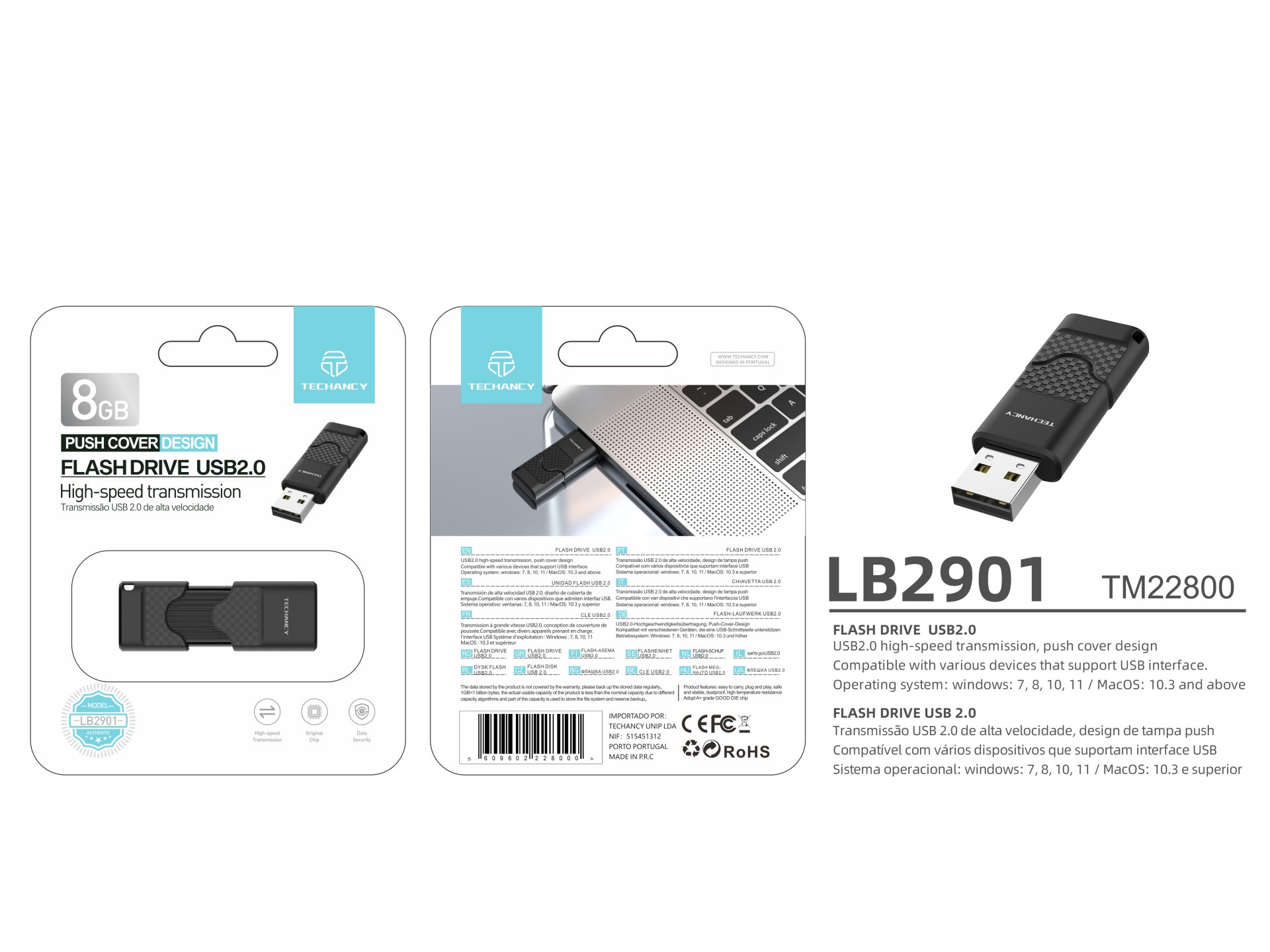 Techancy USB Flash Drive 8GB Preto LB2901, Usb 2.0, Compatível com PC/Mobile/Mac, Armazenamento segu