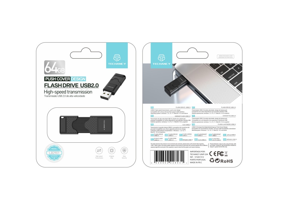Techancy USB Flash Drive 64GB Preto LB2901, Usb 2.0, Compatível com PC/Mobile/Mac, Armazenamento seg