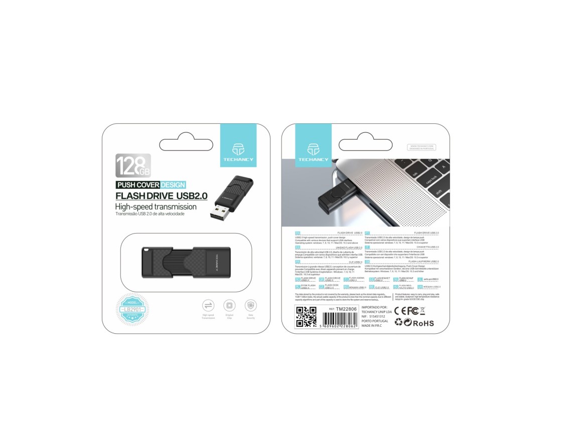 Techancy USB Flash Drive 128GB Preto LB2901, Usb 2.0, Compatível com PC/Mobile/Mac, Armazenamento se