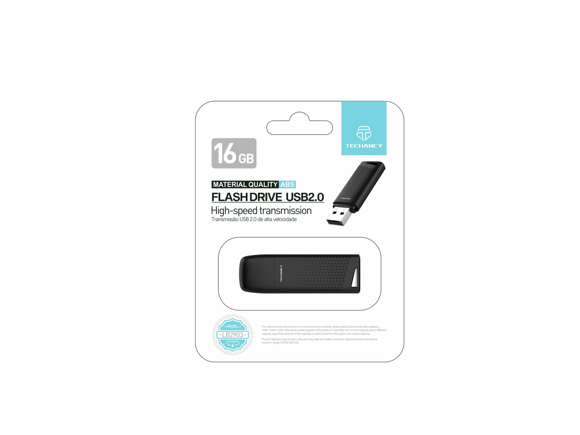 Techancy USB Flash Drive 16GB Preto LB2903, Usb 2.0, Compatível com PC/Mobile/Mac, Armazenamento seg