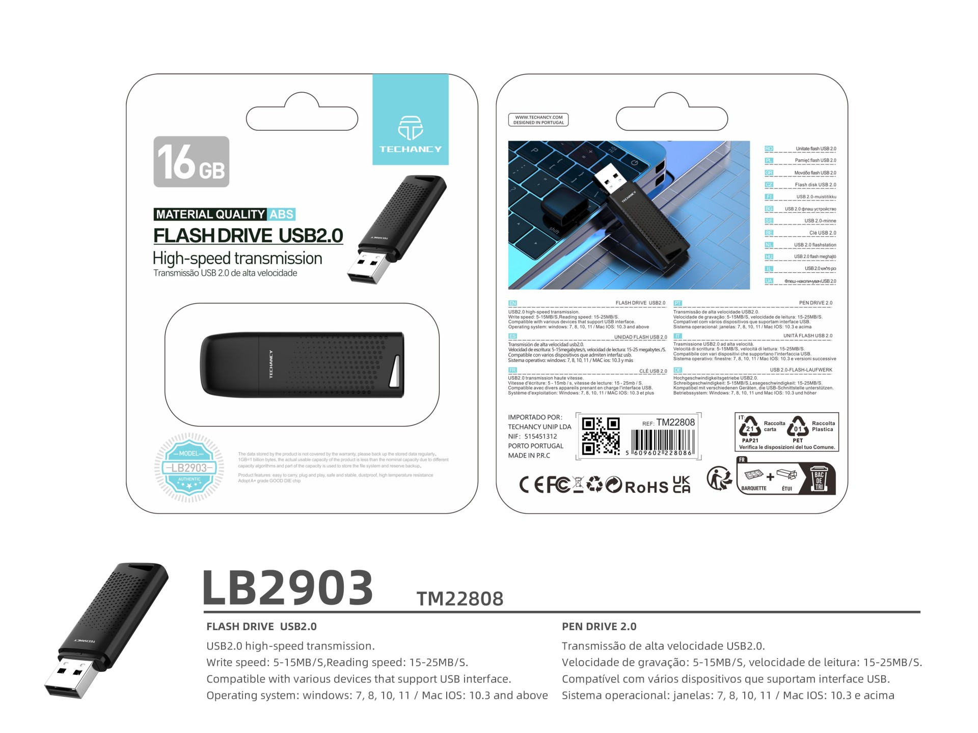 Techancy USB Flash Drive 16GB Preto LB2903, Usb 2.0, Compatível com PC/Mobile/Mac, Armazenamento seg