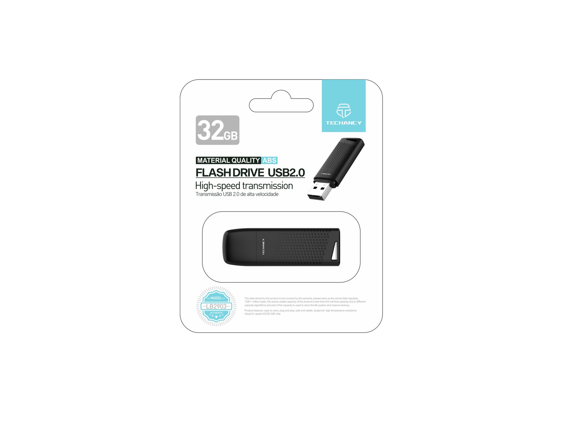 Techancy USB Flash Drive 32GB Preto LB2903, Usb 2.0, Compatível com PC/Mobile/Mac, Armazenamento seg