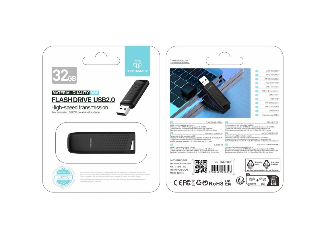 Techancy USB Flash Drive 32GB Black LB2903, USB 2.0, Compatible with PC/Mobile/Mac, Secure File Stor