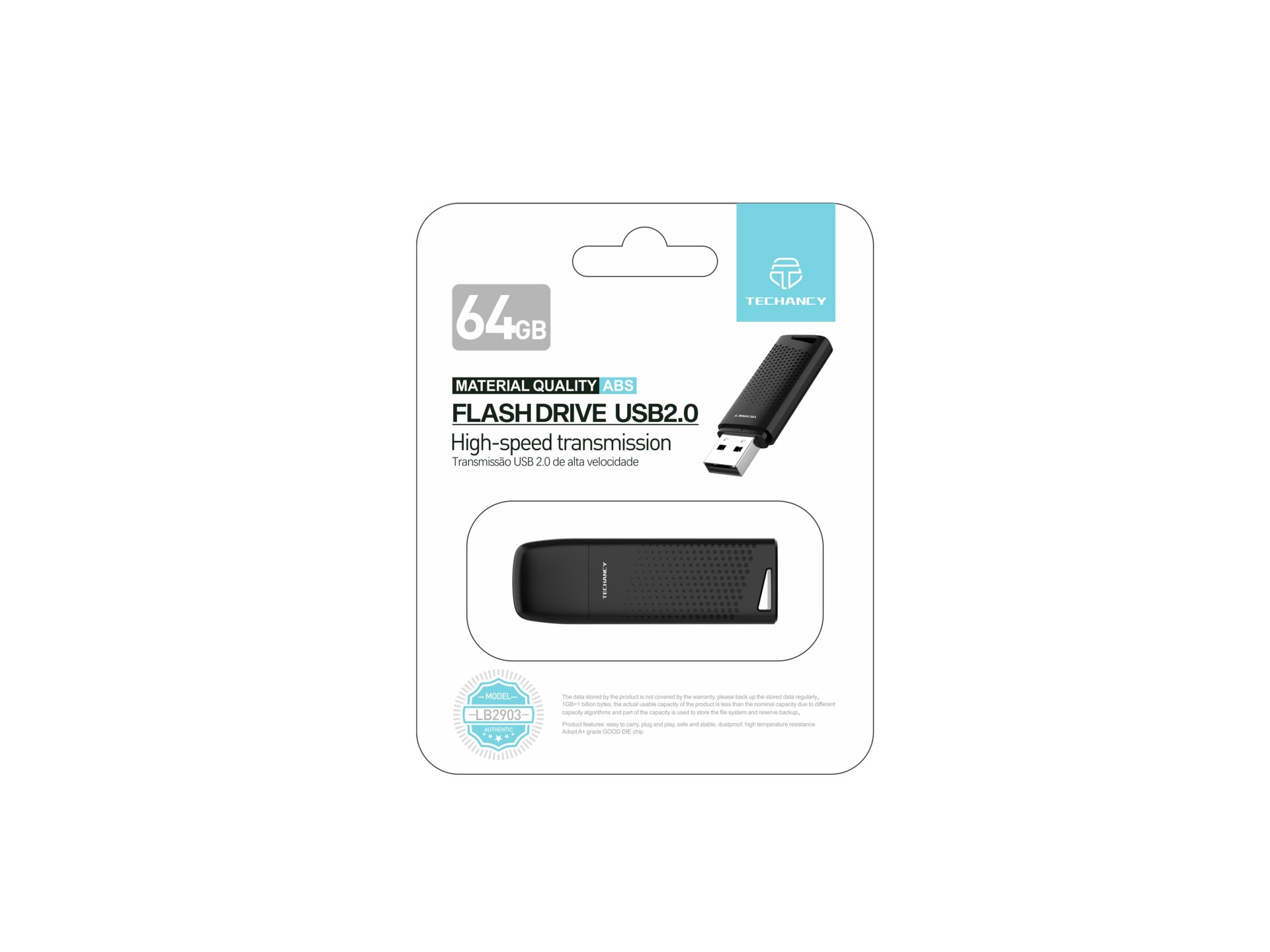 Techancy USB Flash Drive 64GB Preto LB2903, Usb 2.0, Compatível com PC/Mobile/Mac, Armazenamento seg