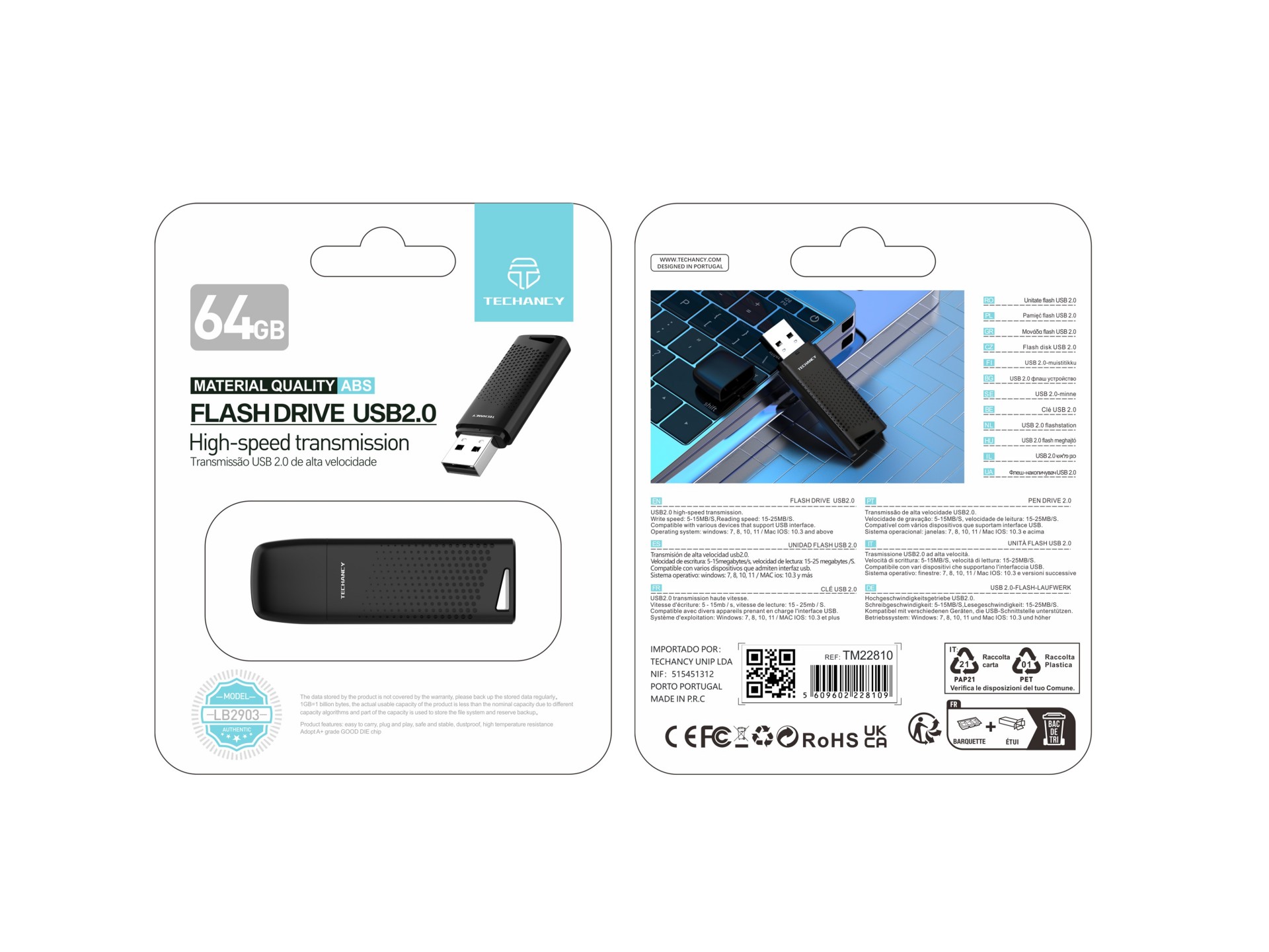 Techancy USB Flash Drive 64GB Preto LB2903, Usb 2.0, Compatível com PC/Mobile/Mac, Armazenamento seg