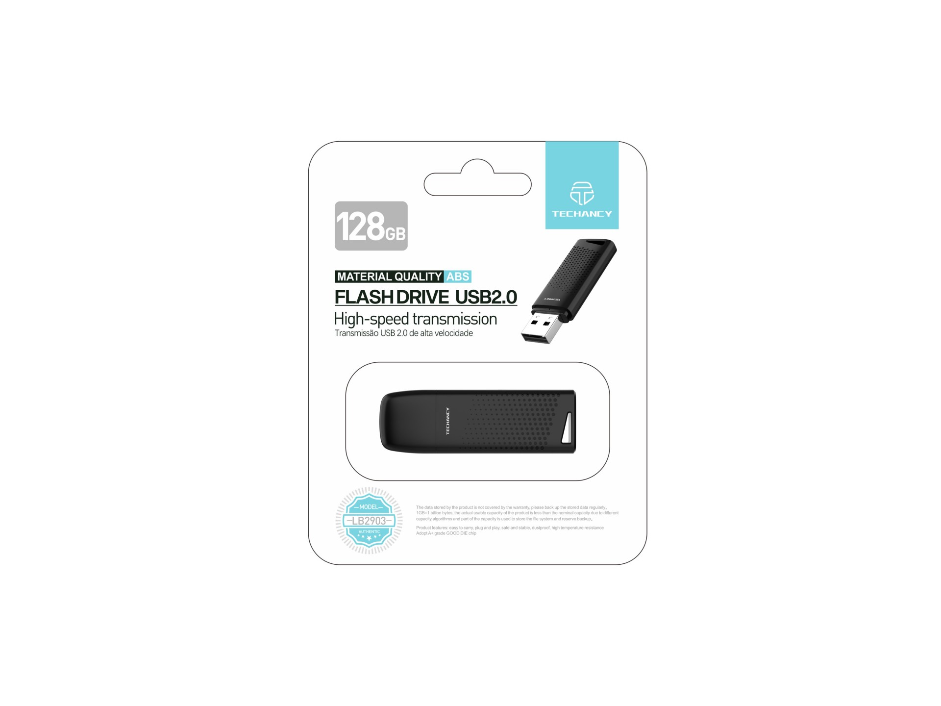 Techancy USB Flash Drive 128GB Preto LB2903, Usb 2.0, Compatível com PC/Mobile/Mac, Armazenamento se