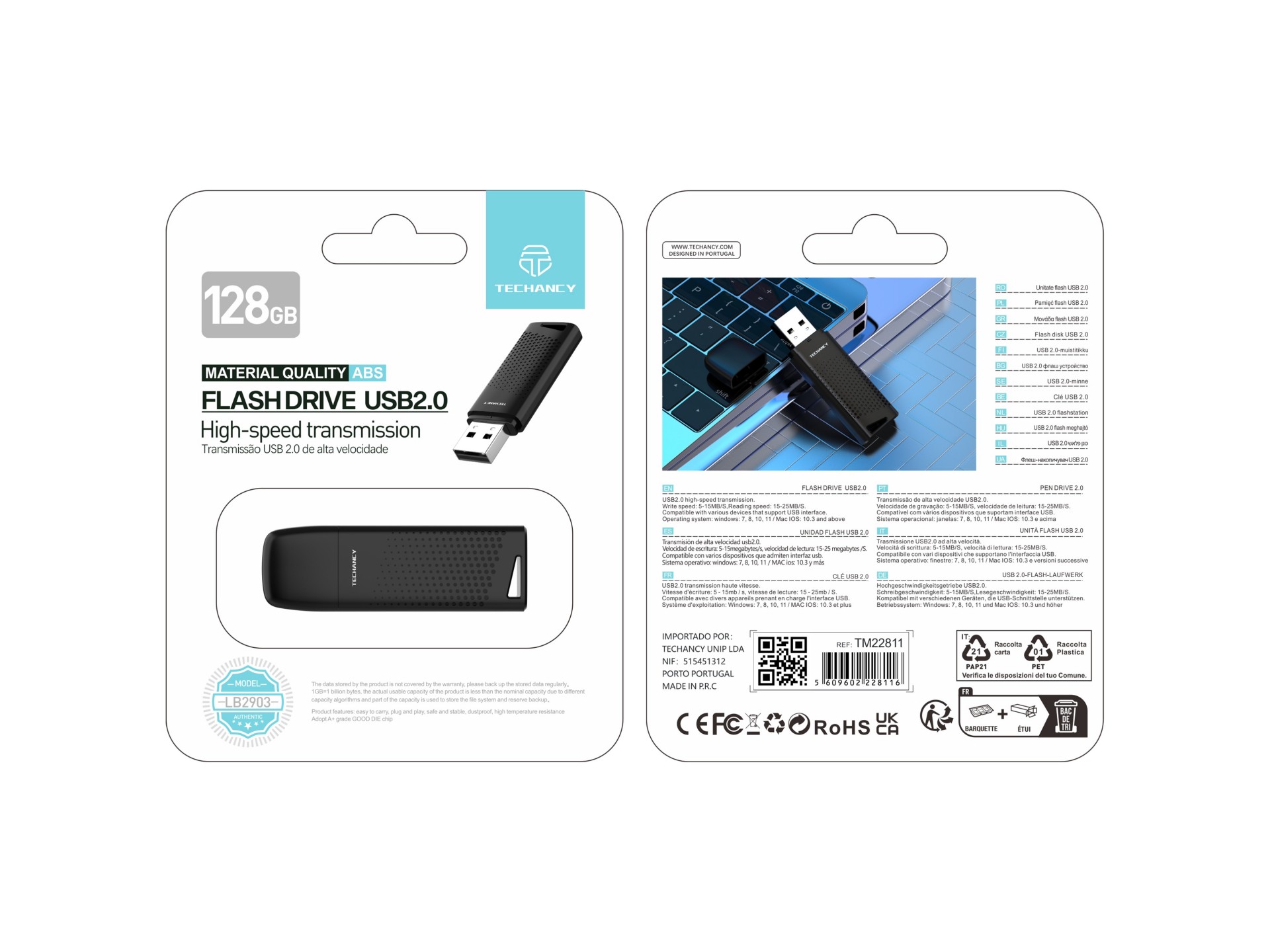 Techancy USB Flash Drive 128GB Preto LB2903, Usb 2.0, Compatível com PC/Mobile/Mac, Armazenamento se
