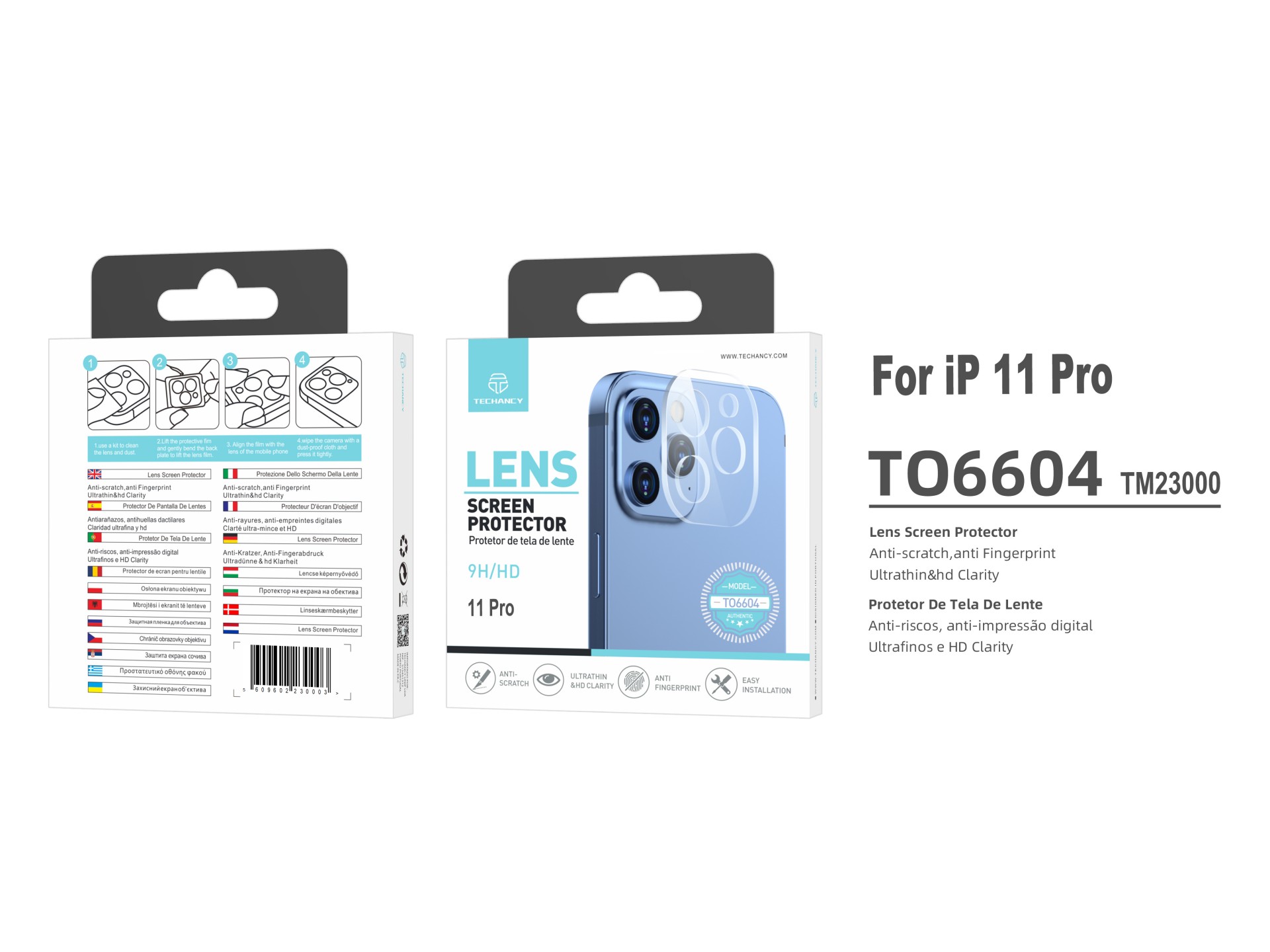 Techancy Protetor de Lente para iPhone 11Pro TO6604, 9H Anti-riscos, Anti-digital, Ultrafino e HD,