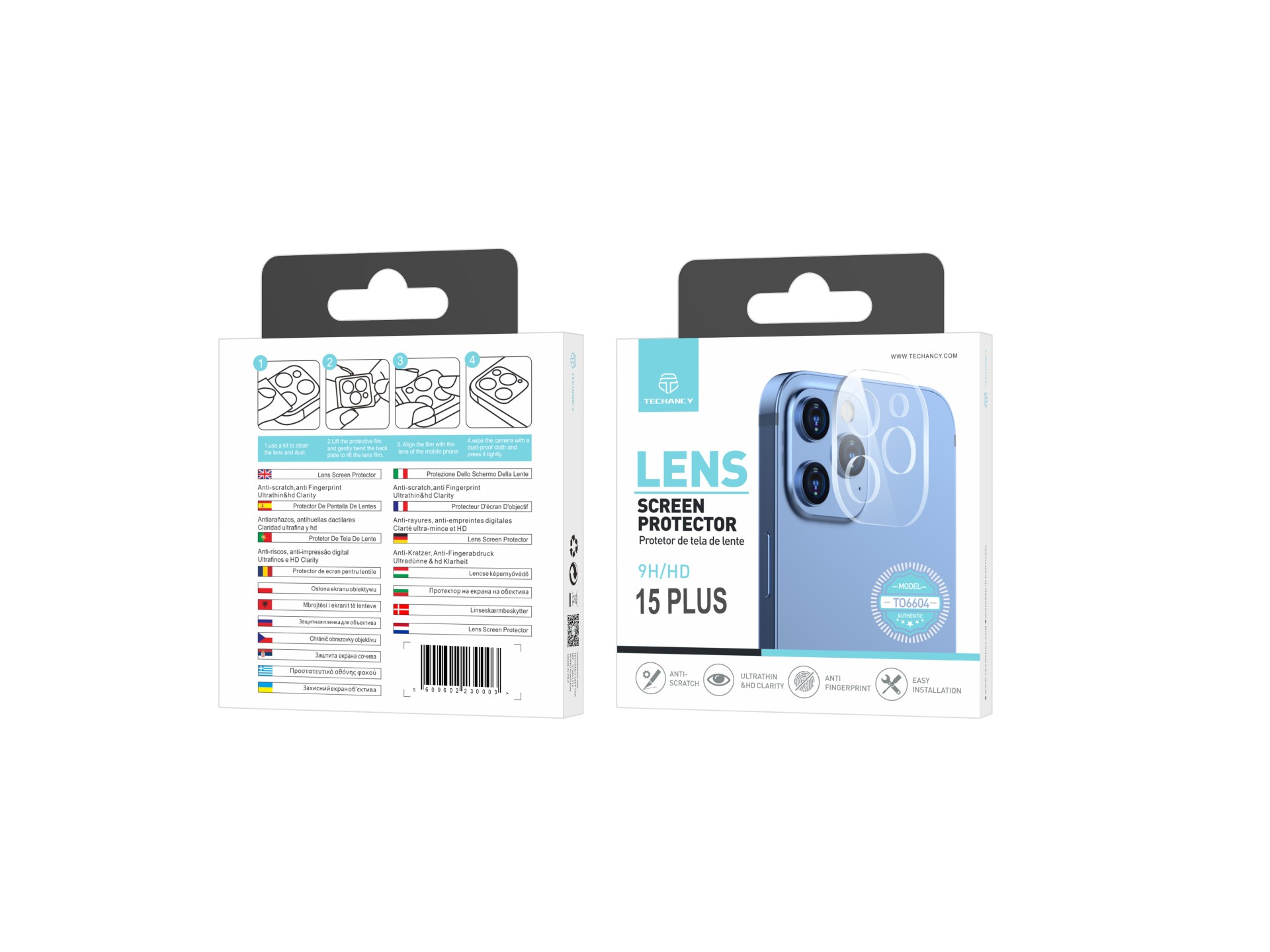 Techancy Protetor de Lente para iPhone 15 Plus TO6604, 9H Anti-riscos, Anti-digital, Ultrafino e HD