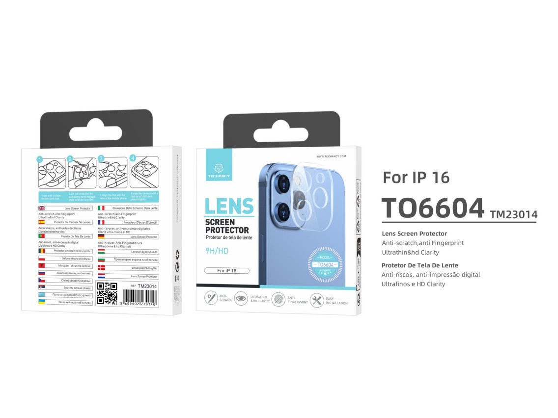Techancy Protetor de Lente para iPhone 16 TO6604, 9H Anti-riscos, Anti-digital, Ultrafino e HD, Fác