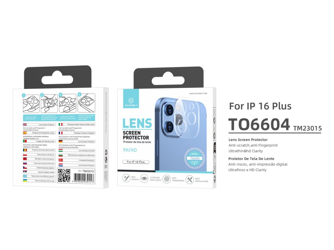 Techancy Protetor de Lente para iPhone 16 Plus TO6604, 9H Anti-riscos, Anti-digital, Ultrafino e HD