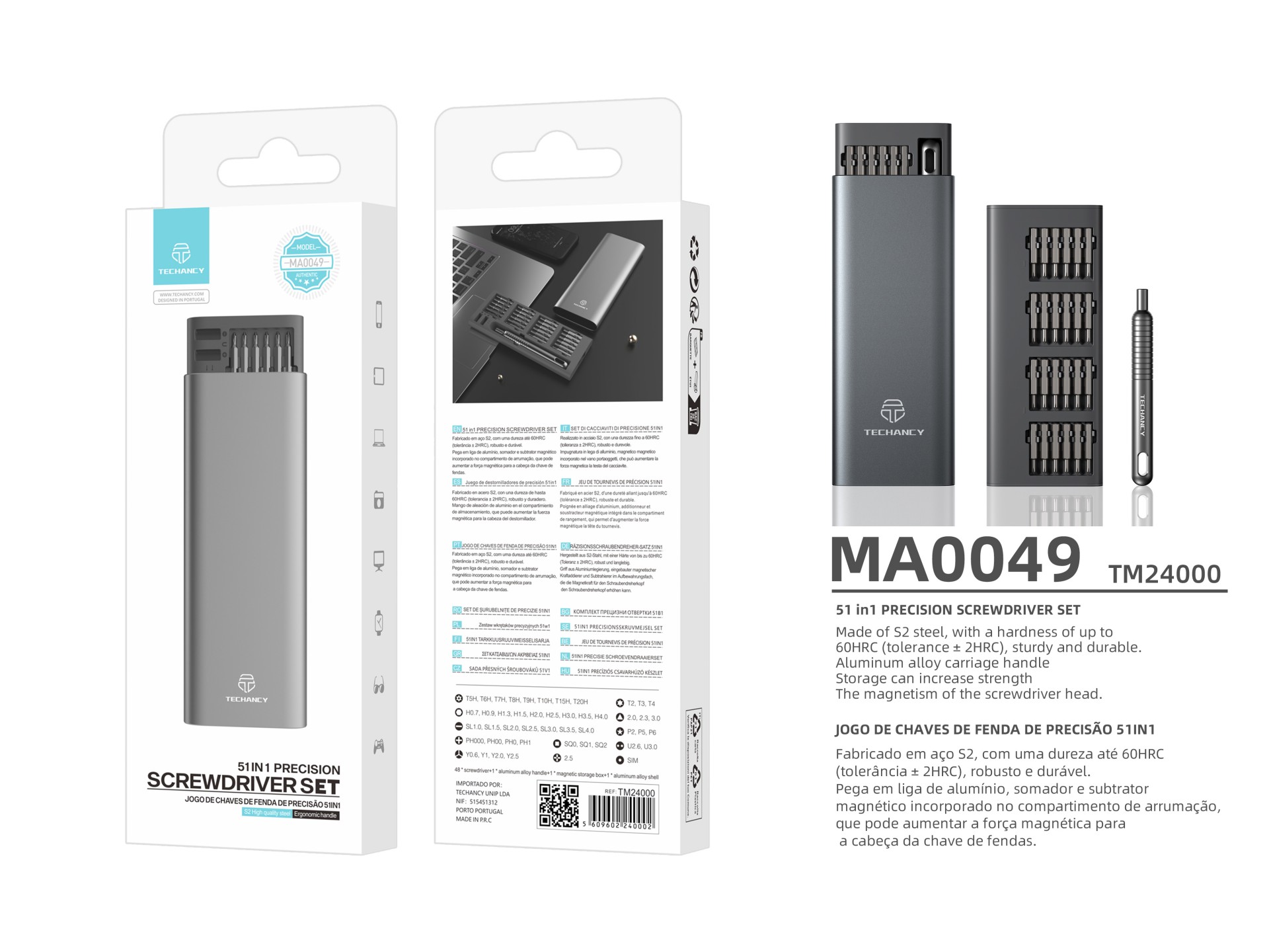 Techancy Conjunto De Chaves De Fendas De Precisão 51em1 MA0049, Aço S2, Cabo Em Liga De Alumínio, Ch