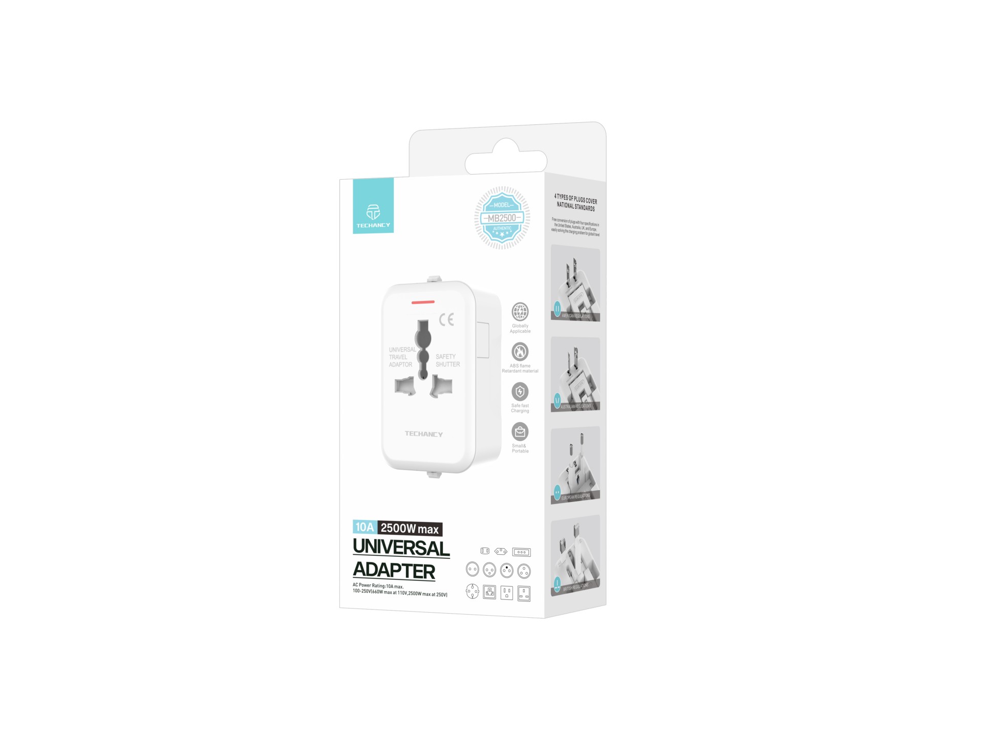 Techancy Adaptador Universal De Viagem Branco MB2500, 2500 W (Máx.) Função De Conversão De Ficha De