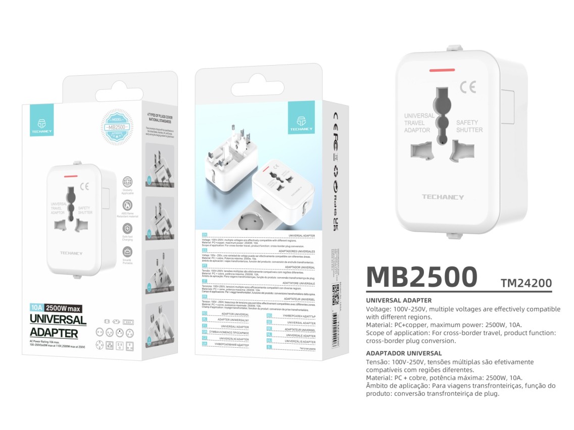 Techancy Adaptador Universal De Viagem Branco MB2500, 2500 W (Máx.) Função De Conversão De Ficha De