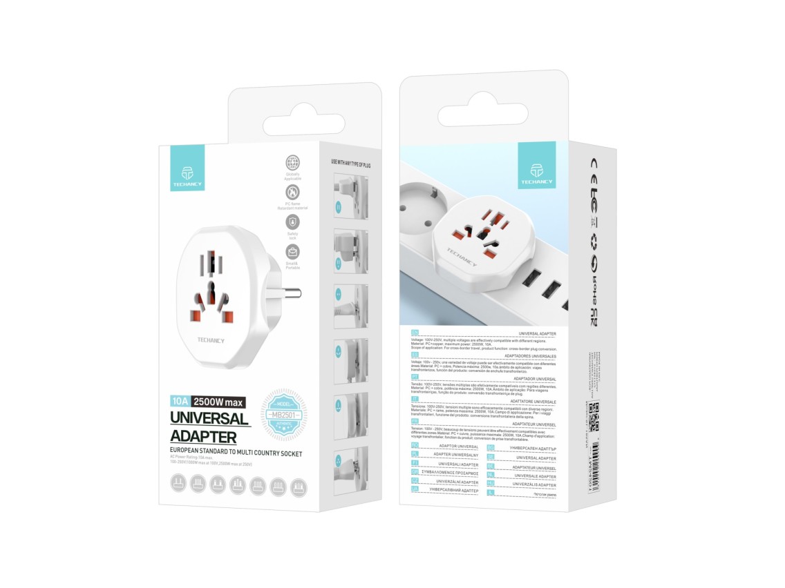 Techancy MB2500 White Travel Adapter, 2500W (Max.) EU to Global Plug for Cross-Border Travel