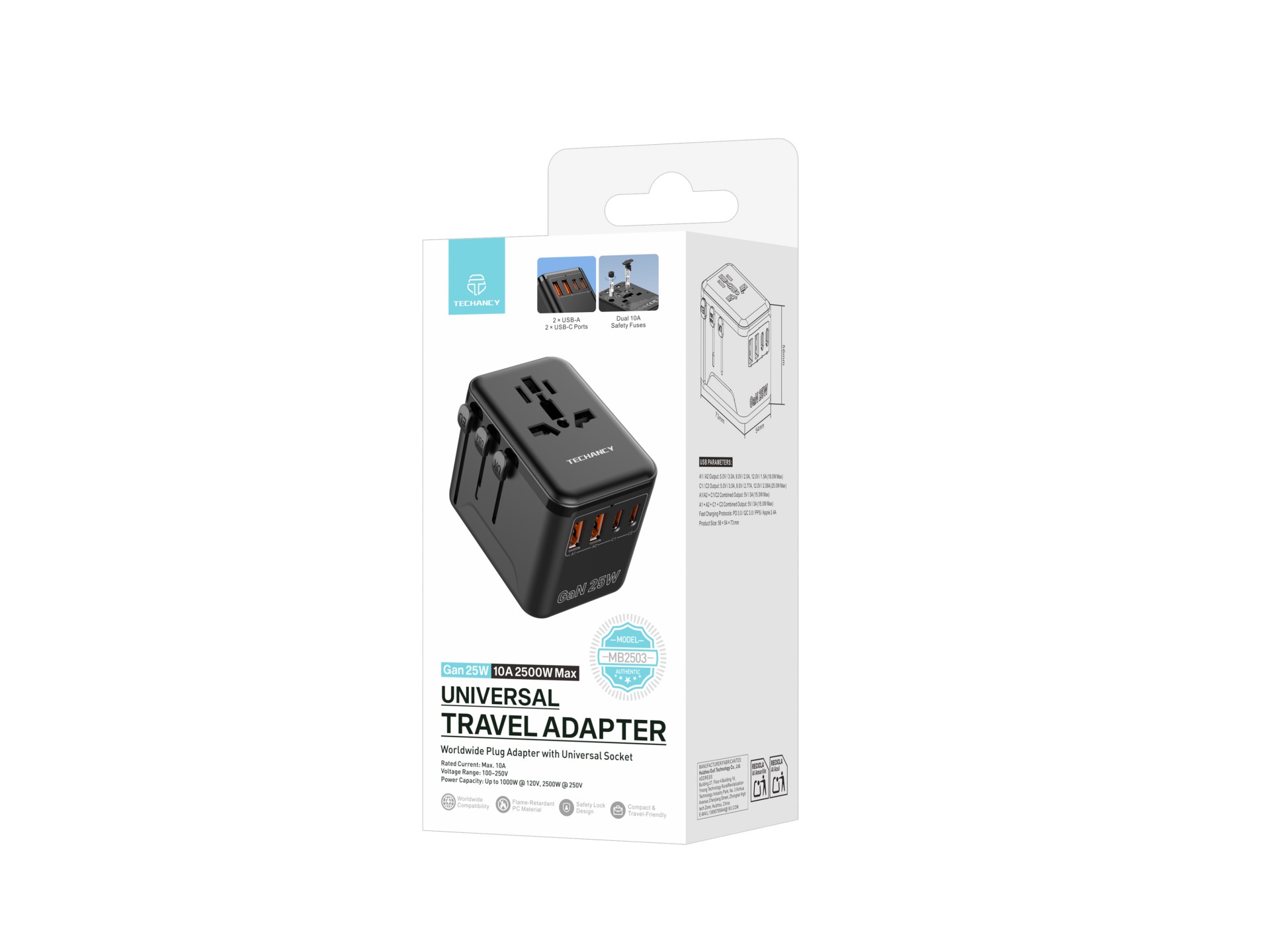 Techancy Adaptador Universal Viagem MB2503 Conversor Tomada Mundial GaN 25W 2500W 10A Compatibilidad