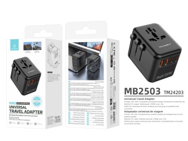 Techancy Adaptador Universal Viagem MB2503 Conversor Tomada Mundial GaN 25W 2500W 10A Compatibilidad