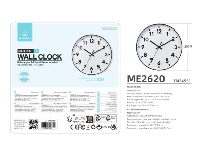 Techancy Rel�gio De Parede Branco ME2620, 20 Cm De Di�metro, Gravado Em 3d, Rel�gio Silencioso Para 
