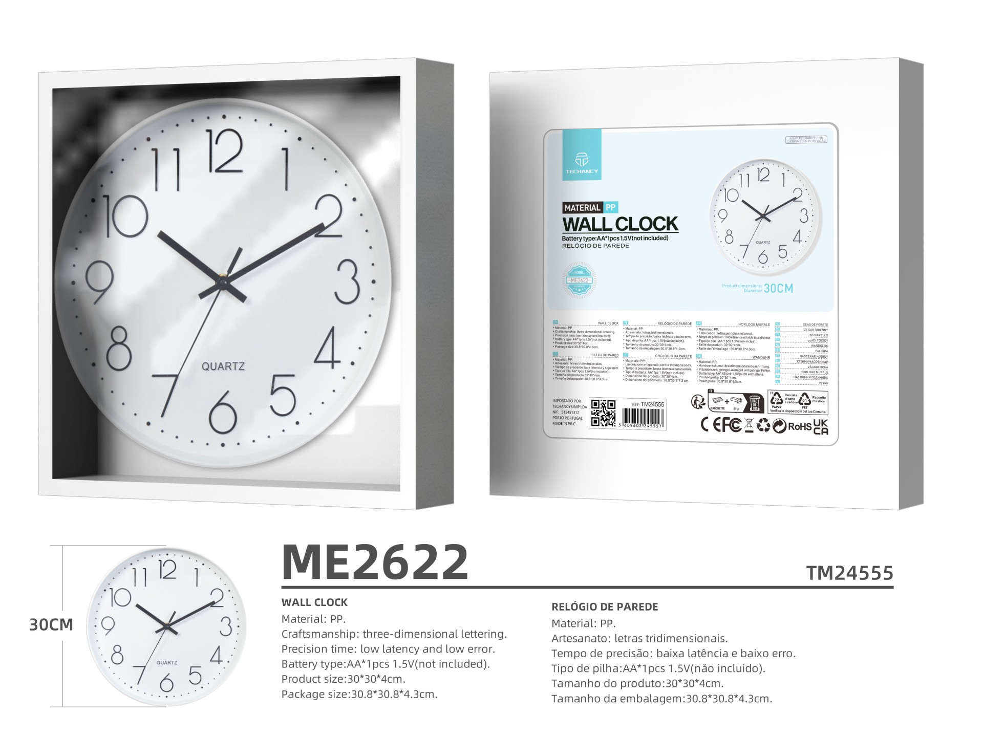 Techancy Wall Clock ME2622, 30 Cm Diameter, 3D Engraved, Silent Clock For Home, Office And Kitchen.