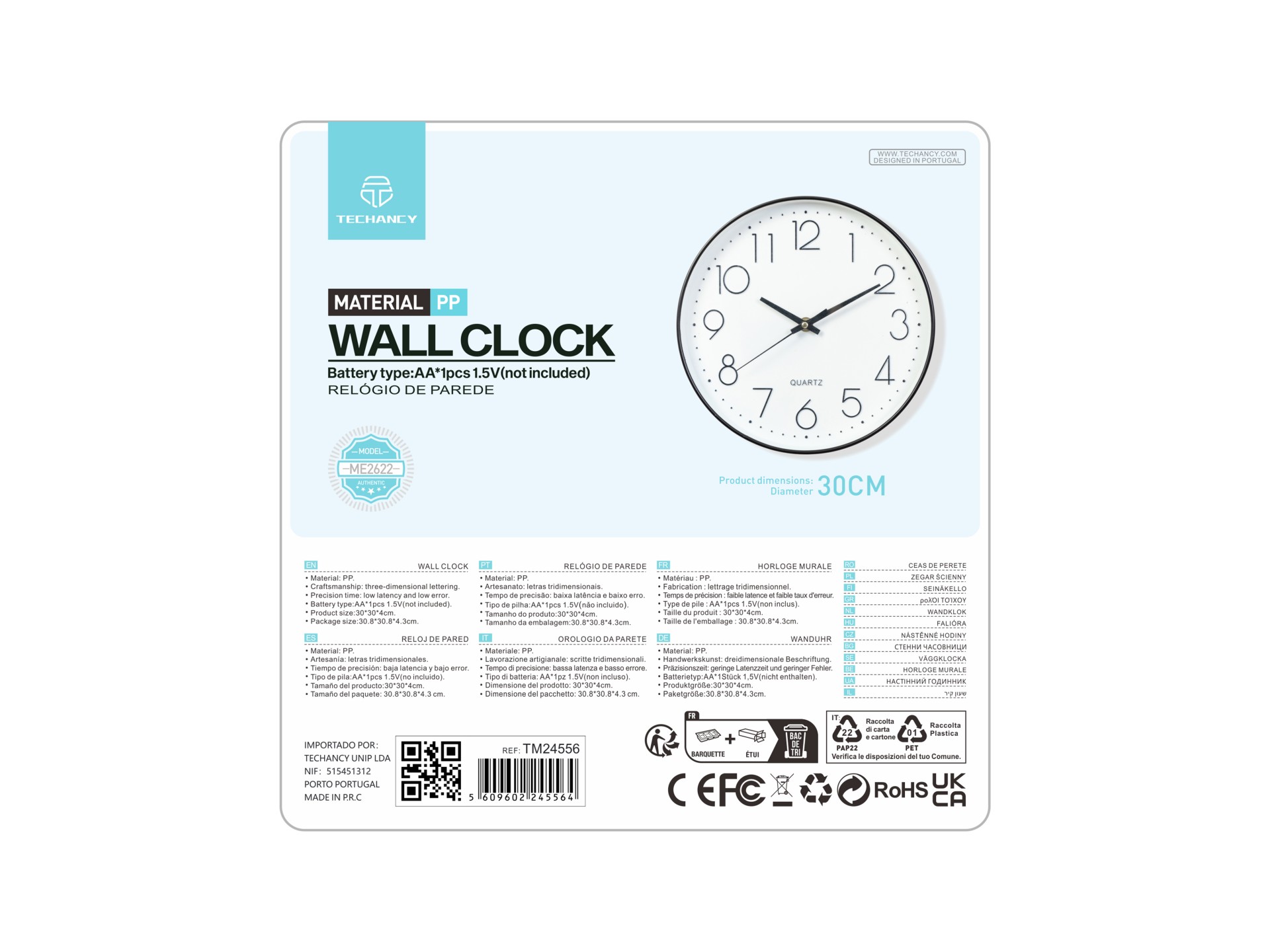 Techancy Wall Clock ME2622, 30 Cm Diameter, 3D Engraved, Silent Clock For Home, Office And Kitchen.